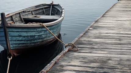 Obraz premium An old boat tied to a wooden dock