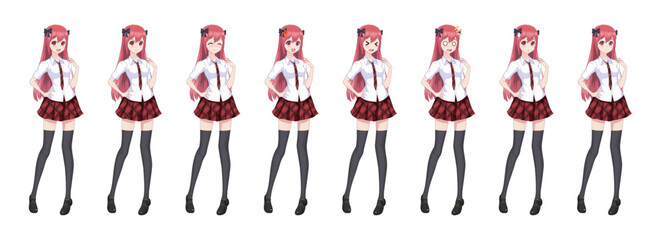 Anime manga schoolgirl plaid red skirt tie pattern