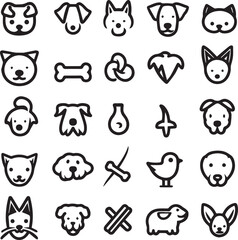 Silhouette Pets web icons in line style. Dog, cat, rabbit, hamster, bird, bone, pets, vet help. Vector illustration with White Background