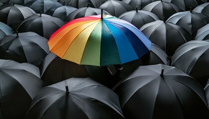 Rainbow umbrella among black umbrellas highlight LGBTQ.