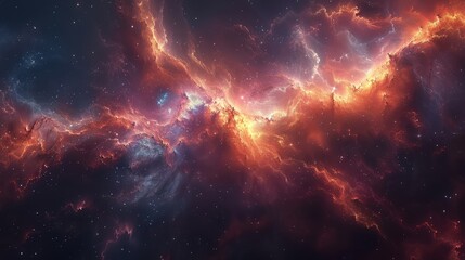 A mesmerizing cosmic river of glowing red and purple gases flowing through the vast expanse of the universe, surrounded by distant stars and galaxies, creating a surreal visual effect.
