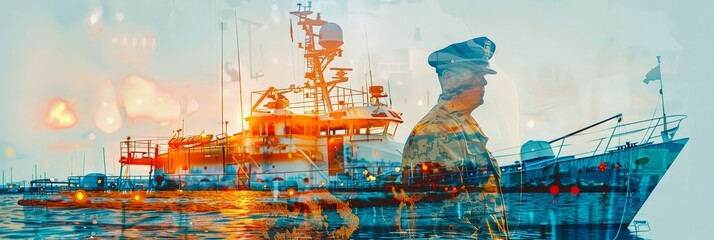 Powerful and dynamic double exposure artwork featuring a brave Coast Guard officer with the American flag proudly displayed on their maritime rescue vessel.