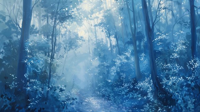 Mystical blue forest with tall trees and foggy atmosphere