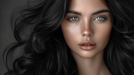 Fototapeta premium A mesmerizing close-up of a woman with dark, wavy hair and striking blue eyes. Her radiant skin and delicate features are perfectly captured, framed against a dark background.