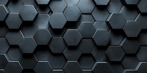 Black hexagonal pattern background with 3D geometric shapes creating a modern and futuristic abstract design concept.