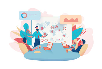 Business man holds meeting sales analytics table