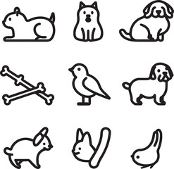 Silhouette Pets web icons in line style. Dog, cat, rabbit, hamster, bird, bone, pets, vet help. Vector illustration with White Background
