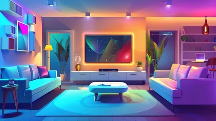 Illustration of Smart Home Interior with Colorful Glowing Light. generative AI image