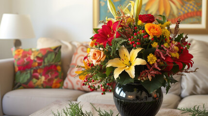 A black vase holds a colorful mix of flowers on a table, with a beige sofa and vibrant pillows in the background, creating a cozy room.