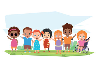 Children of different disabilities and healthy children posing,
