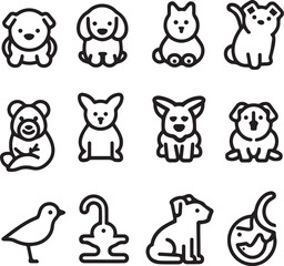 Obraz premium Silhouette Pets web icons in line style. Dog, cat, rabbit, hamster, bird, bone, pets, vet help. Vector illustration with White Background