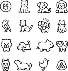 Obraz premium Silhouette Pets web icons in line style. Dog, cat, rabbit, hamster, bird, bone, pets, vet help. Vector illustration with White Background