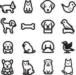 Silhouette Pets web icons in line style. Dog, cat, rabbit, hamster, bird, bone, pets, vet help. Vector illustration with White Background