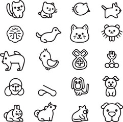 Silhouette Pets web icons in line style. Dog, cat, rabbit, hamster, bird, bone, pets, vet help. Vector illustration with White Background