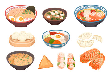 Set of traditional Asian dishes vector illustration isolated on white background