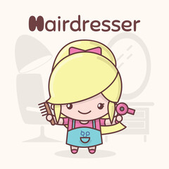 Cute chibi kawaii characters. Alphabet professions. Letter H - Hairdresser