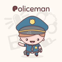 Cute chibi kawaii characters. Alphabet professions. Letter P - Policeman