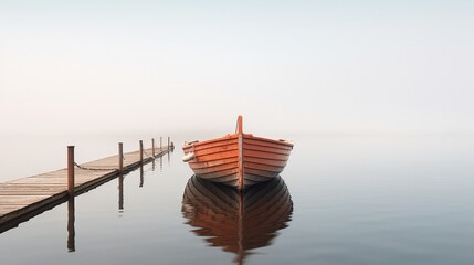 Fototapeta premium A lone rowboat rests on a wooden dock, shrouded in morning mist
