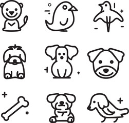 Silhouette Pets web icons in line style. Dog, cat, rabbit, hamster, bird, bone, pets, vet help. Vector illustration with White Background