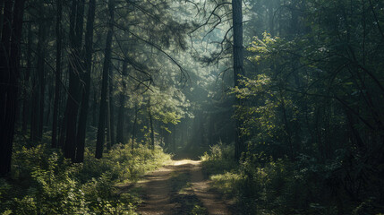 Obraz premium A path winds through a forest with tall trees and green leaves. Sunlight filters through the branches, casting soft light on the ground.