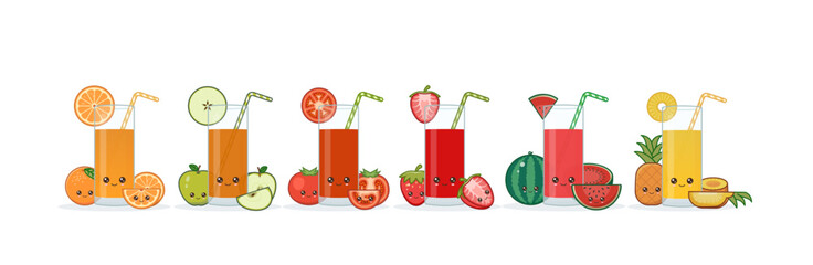 Cute kawai smiling cartoon fruits juice. Vector