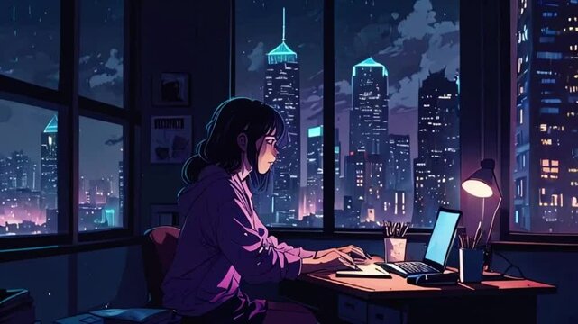 Lofi Girl studies at her desk in a high-rise apartment, with rain gently tapping on the large window. City lights and car headlights create a calming, reflective atmosphere outside, zoom OBS, anime