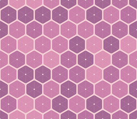 Geometric shapes background. Rounded stacked hexagons mosaic pattern. Pink color tones. Hexagonal cells. Seamless pattern. Tileable vector illustration.