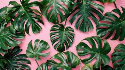 Fresh green monstera leaves on pink surface View from above Tropical foliage