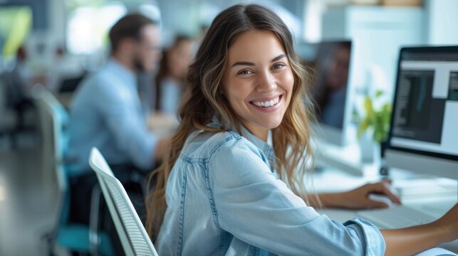 Happy young caucasian female employee in front of computer in modern office with colleagues. Beautiful manager smiling, working on financial and marketing projects