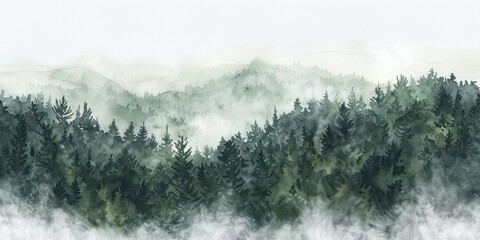 A misty forest landscape with lush green trees and distant mountains, evoking a sense of tranquility and natural beauty.