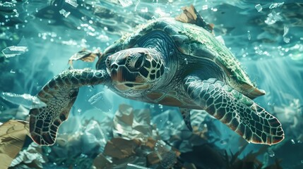 Fototapeta premium A sea turtle swims through the ocean surrounded by underwater debris, highlighting marine pollution and environmental issues.