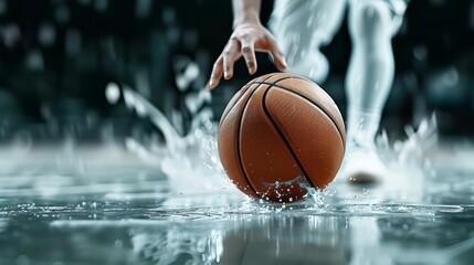 Basketball player's skilled hands dribbling the ball, showcasing finesse in an Olympic sport concept, close-up of footwork and the basketball, highlighting athleticism and precision