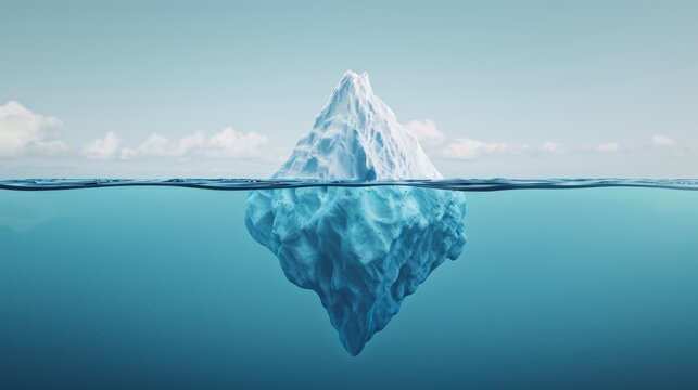 Beautiful iceberg in the ocean, its massive hidden bulk beneath the waterline, showcasing the marvels and mysteries of nature, stunning clarity and detail, 8k