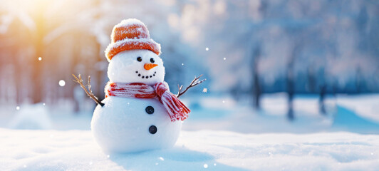 Fototapeta premium Snowman and Snowing Background. Winter background