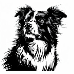 A black and white drawing of a Border Collie dog