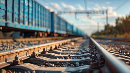 Obraz premium A close-up view of railway tracks with a train in the distance