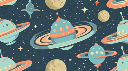 Naklejka premium Cute pattern with flying saucers, UFOs, and adorable aliens. Perfect for backgrounds, wrapping paper, wallpaper, fabrics, clothes, and covers.