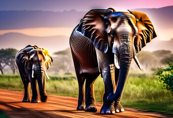 Two elephants are walking along the road