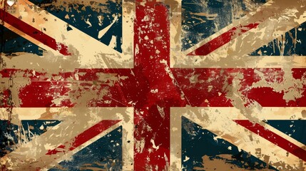 Fototapeta premium Distressed Vintage Union Jack Flag With Red, White, and Blue Paint Splatter British flag