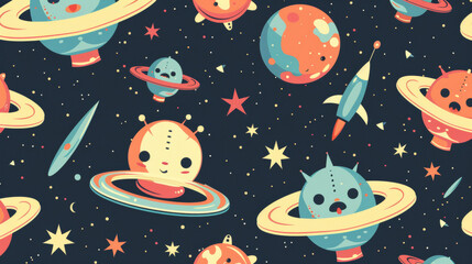 Naklejka premium Cute pattern with flying saucers, UFOs, and adorable aliens. Perfect for backgrounds, wrapping paper, wallpaper, fabrics, clothes, and covers.