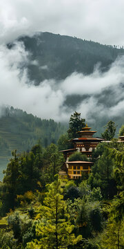 Templo Budista Tradicional em uma Paisagem de Montanha Serena