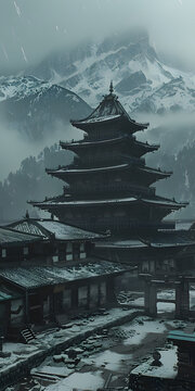 Templo Budista Tradicional em uma Paisagem de Montanha Serena