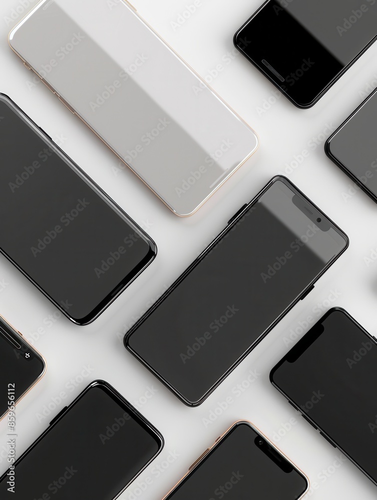 Poster A flat lay photo featuring several modern smartphones arranged at different angles on a white surface. Perfect for showcasing mobile technology and smartphone accessories. Generative AI
