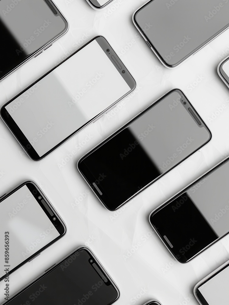 Poster a close-up image featuring several modern smartphones arranged diagonally on a white background. gen