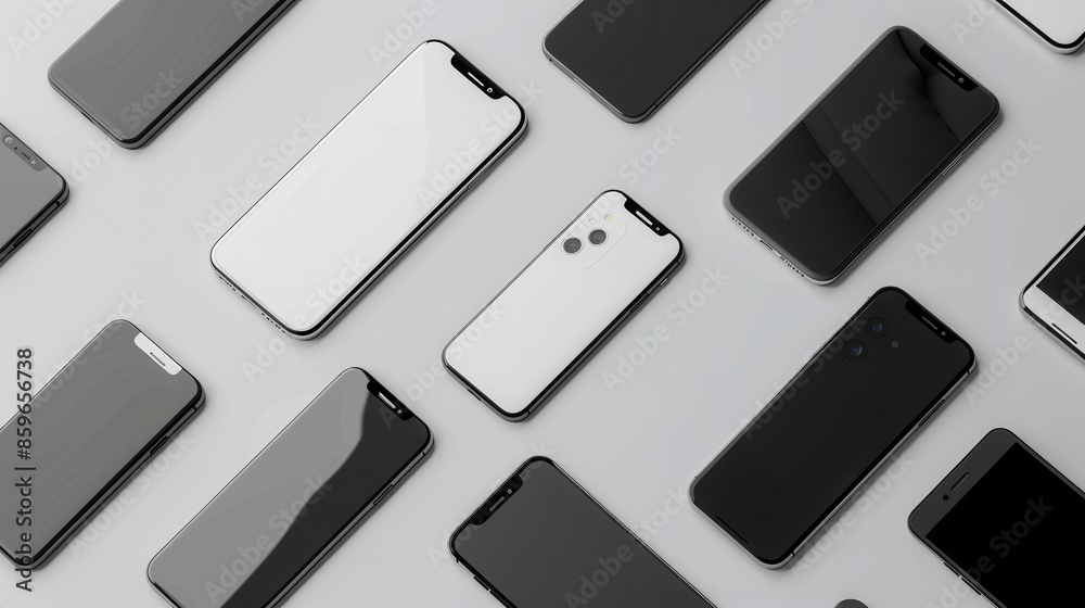 Poster a collection of modern smartphones arranged in different angles on a white background, showcasing th