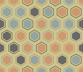 Mosaic background. Hexagon mosaic cells with padding and inner solid cells. Large honeycomb cells. Multiple tones color palette. Seamless pattern. Tileable vector illustration.