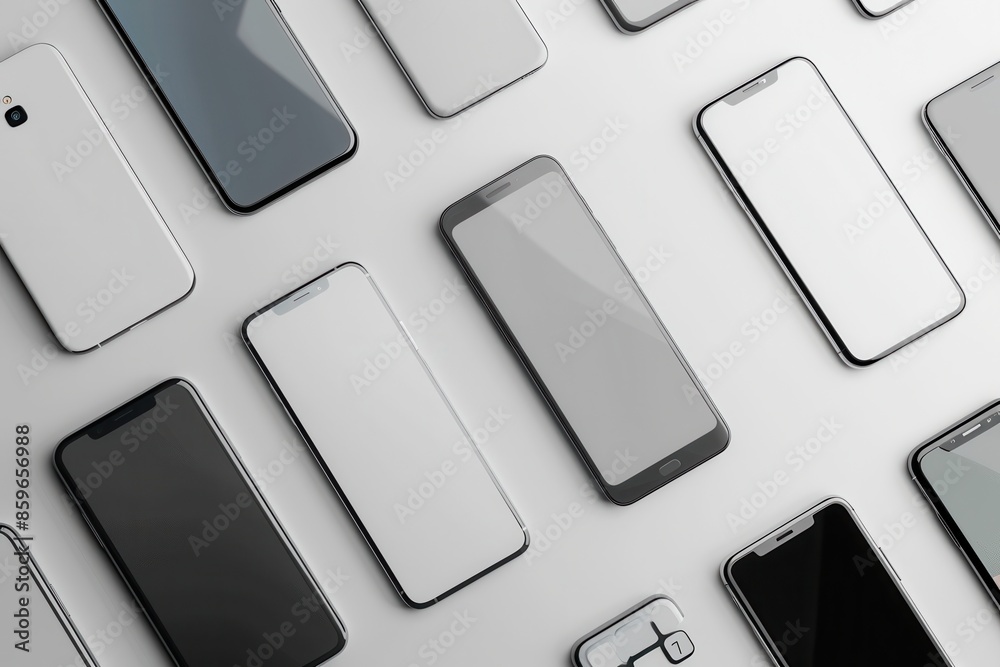 Poster multiple smartphones of different sizes and angles are arranged on a white surface. the screens are 