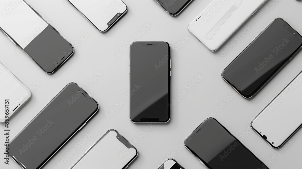 Fototapete A flat lay image of multiple modern smartphones arranged in different angles on a grey background. Generative AI
