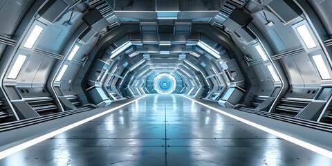 Obraz premium Futuristic building with steel framework and hightech lighting in sc. Concept Architecture, Futuristic Design, Steel Framework, High-Tech Lighting, Sci-Fi Aesthetics