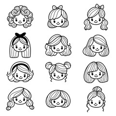 Collection of cute girls with different hairstyles in black and white, hand drawn line art, cartoon style. Perfect for kid's products.